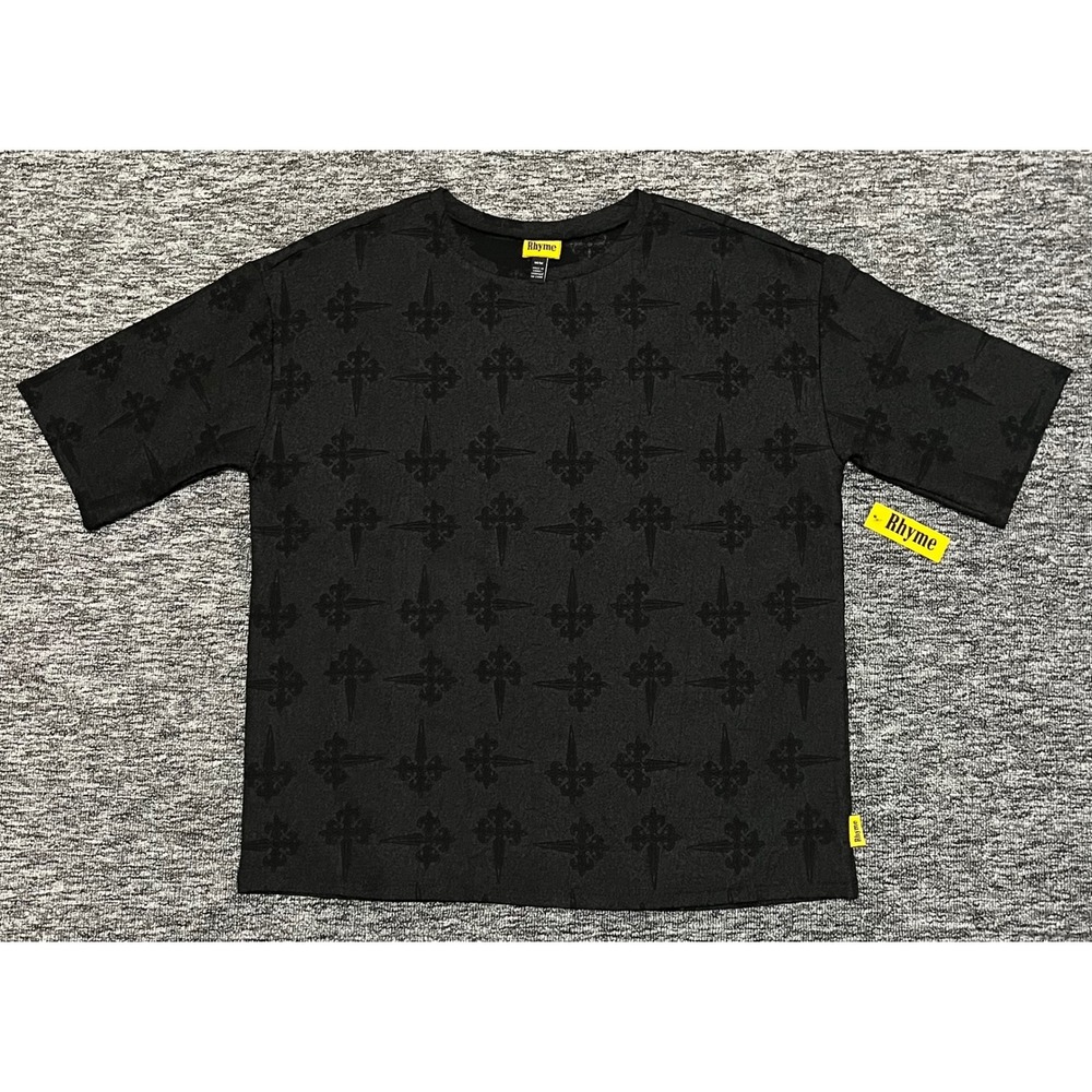 Rhyme Mens Black Embossed Fleur-De-Lis Cross Streetwear T-Shirt Size Medium